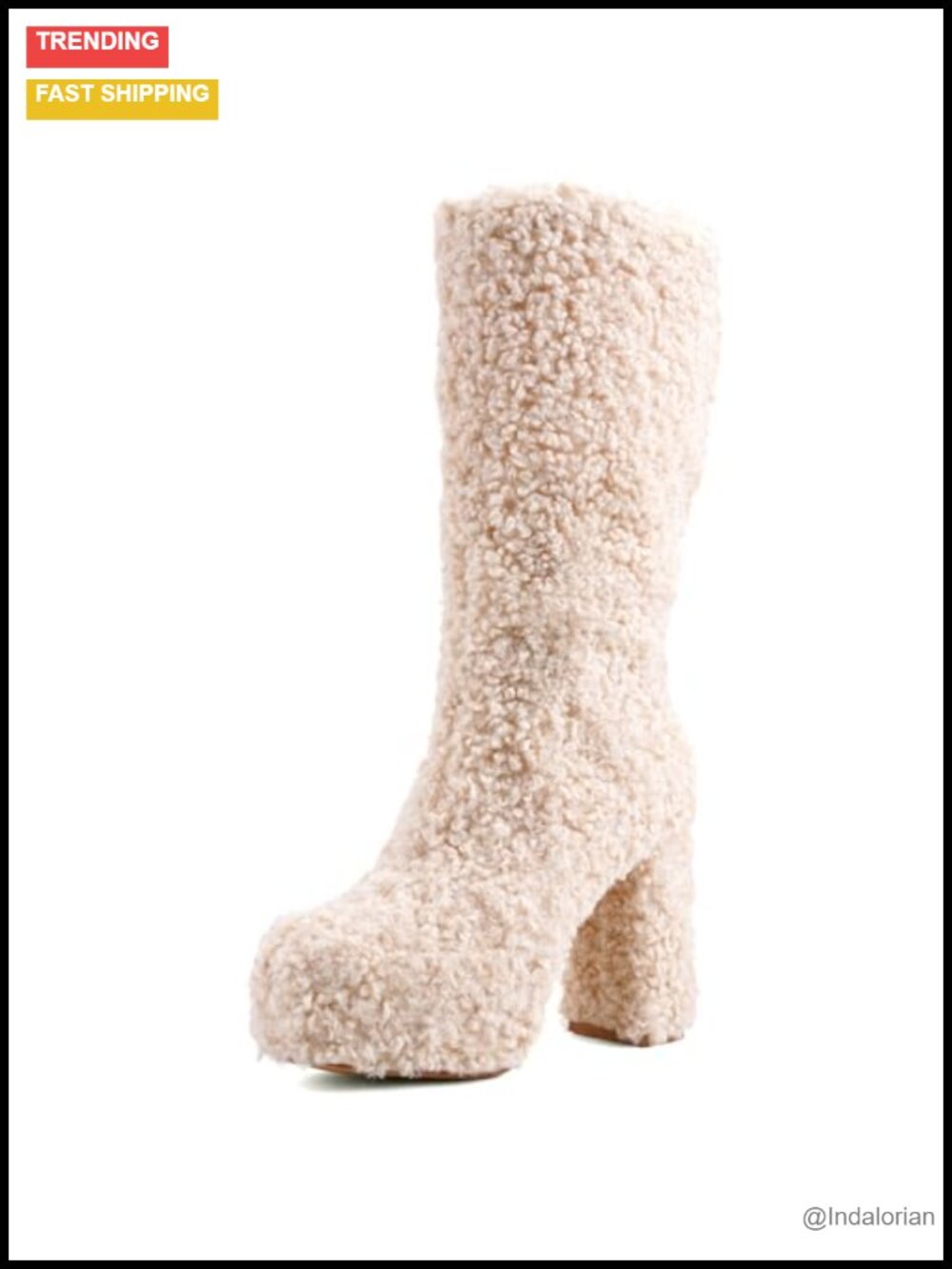 Faux Fur Platform Mid Calf Boots Chunky Heel Side Zip Winter Women